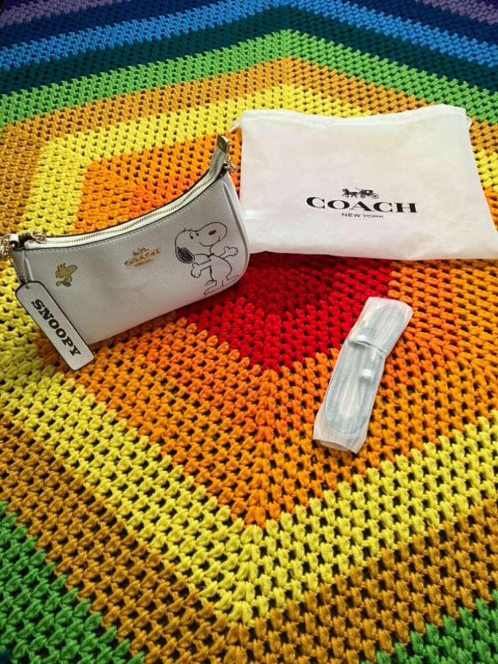 Coach x Snoopy Woodstock Peanuts White Baguette Crossbody Purse Bag Tote Handbag